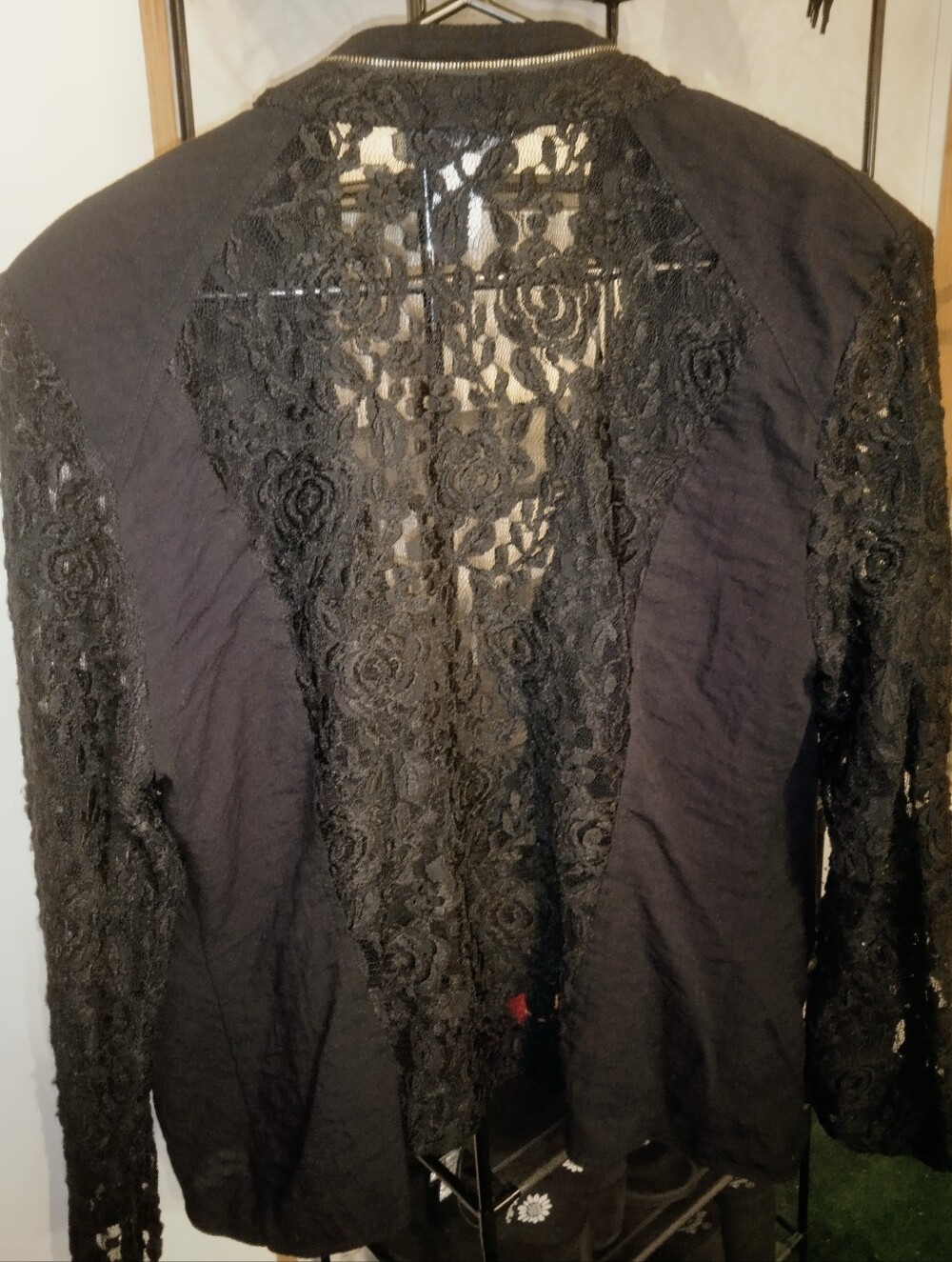 LASeine Viscose Black Lace Sleeve & Knit Open-Front Jacket Size XL